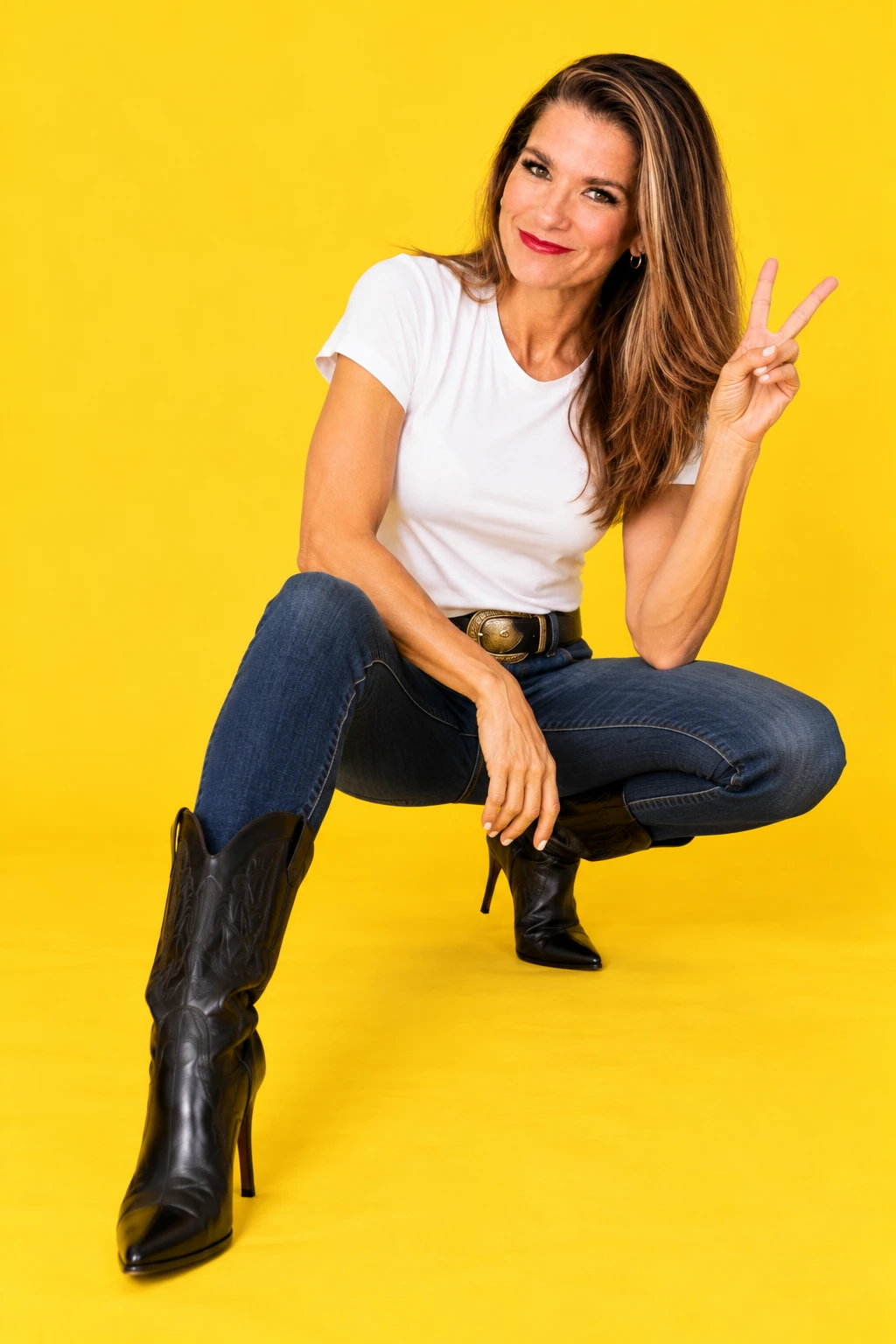 Rachel crouching and making a peace sign, wearing jeans and cowboy boots